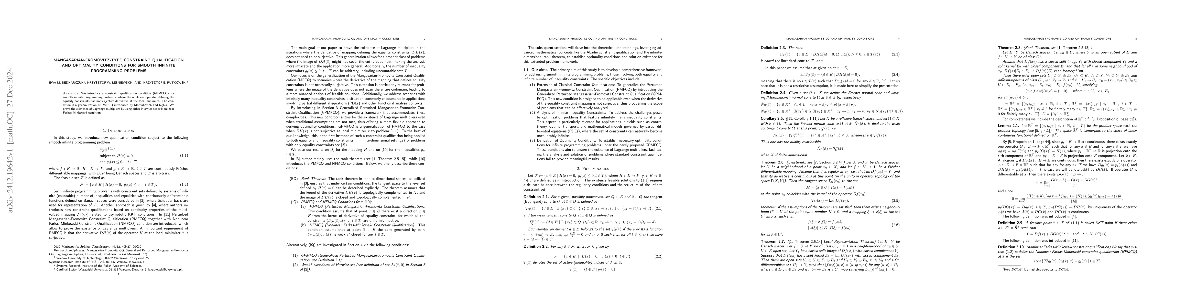 Thumbnail for Mangasarian-Fromovitz-type constraint qualification and optimality
  conditions for smooth infinite programming problems