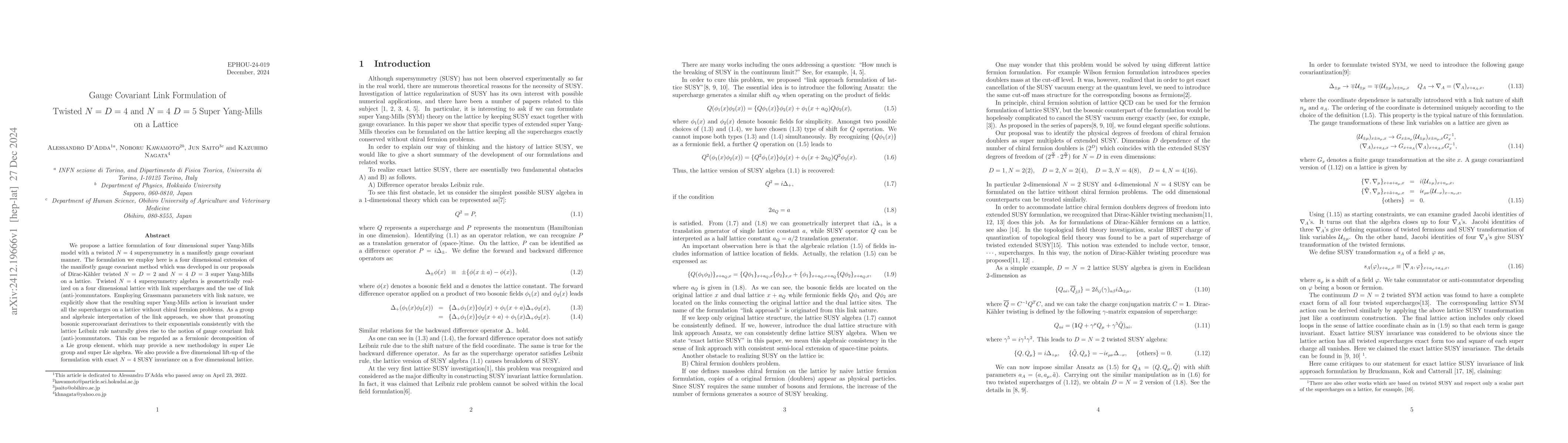 Thumbnail for Gauge Covariant Link Formulation of Twisted N=D=4 and N=4 D=5 Super
  Yang-Mills on a Lattice
