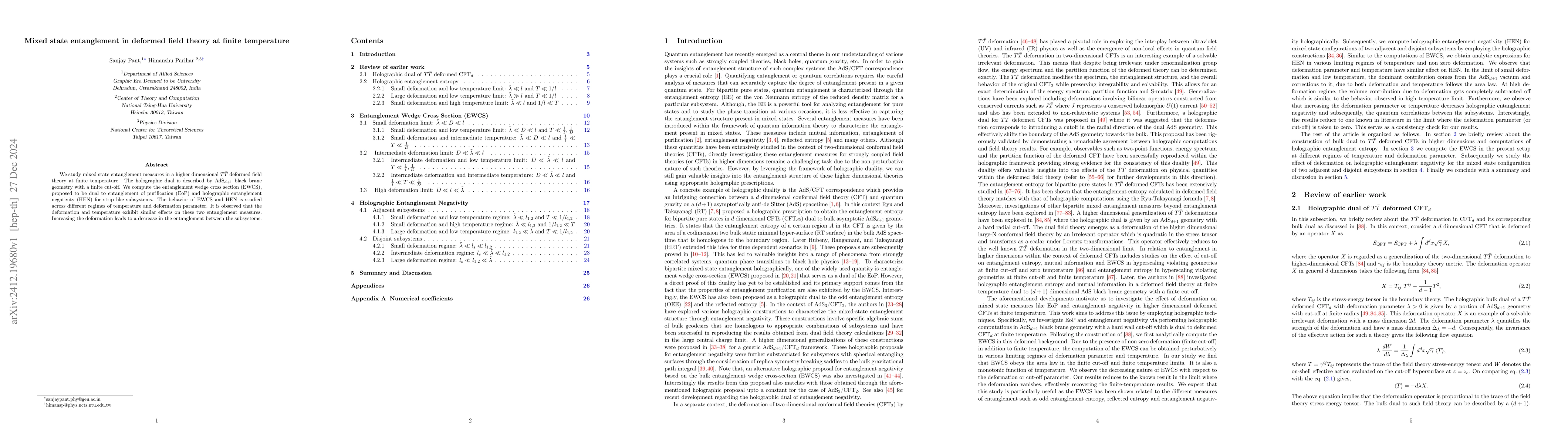 Thumbnail for Mixed state entanglement in deformed field theory at finite temperature