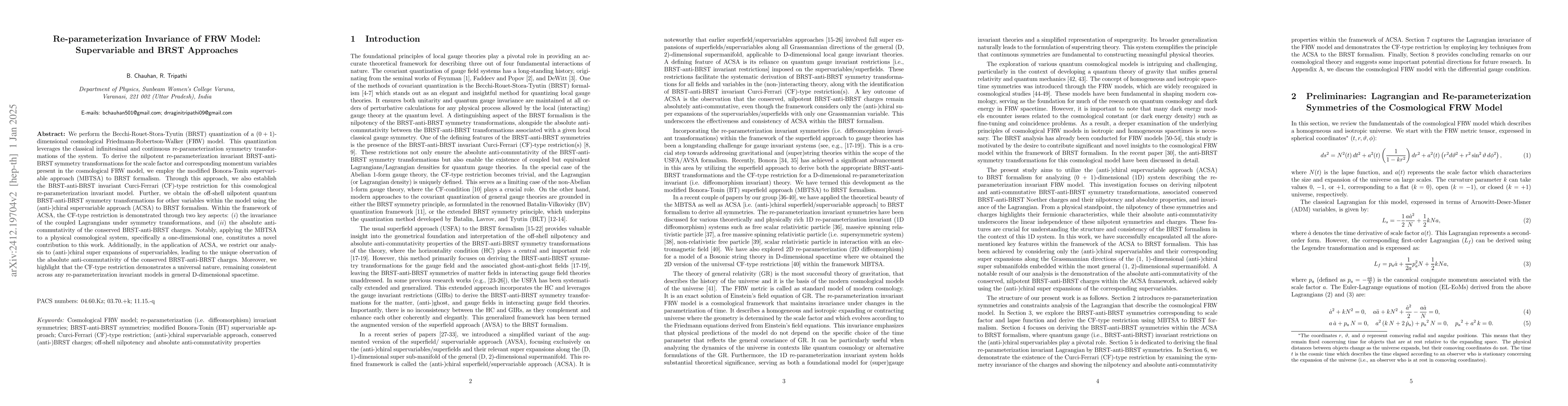 Thumbnail for Reparameterization Invariance of FRW Model: Supervariable and BRST
  Approaches