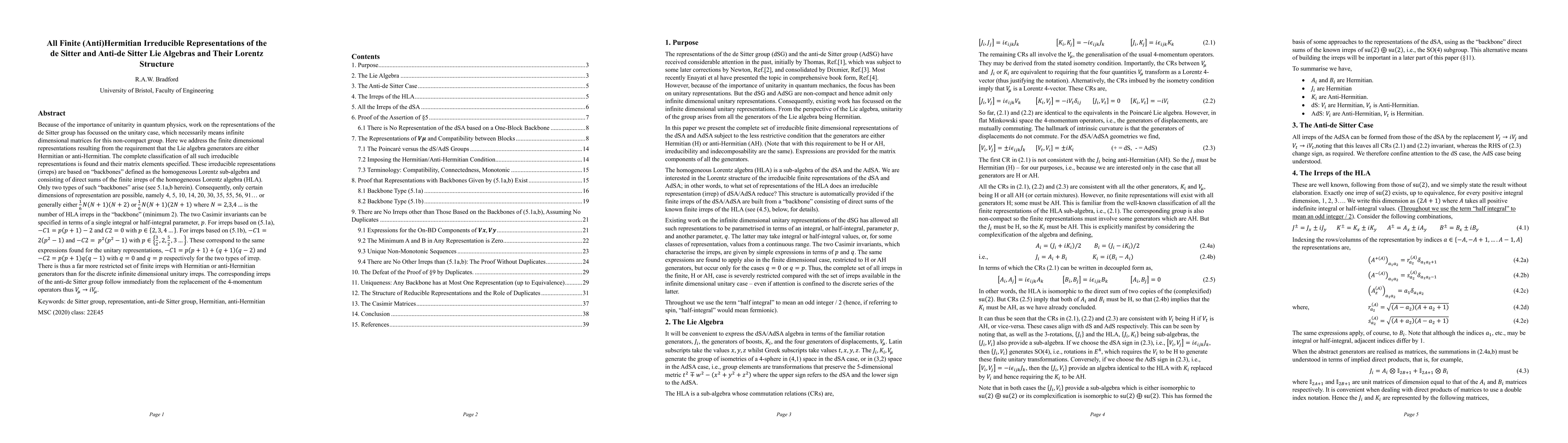 Thumbnail for All Finite (Anti)Hermitian Irreducible Representations of the de Sitter
  and Anti-de Sitter Lie Algebras and Their Lorentz Structure