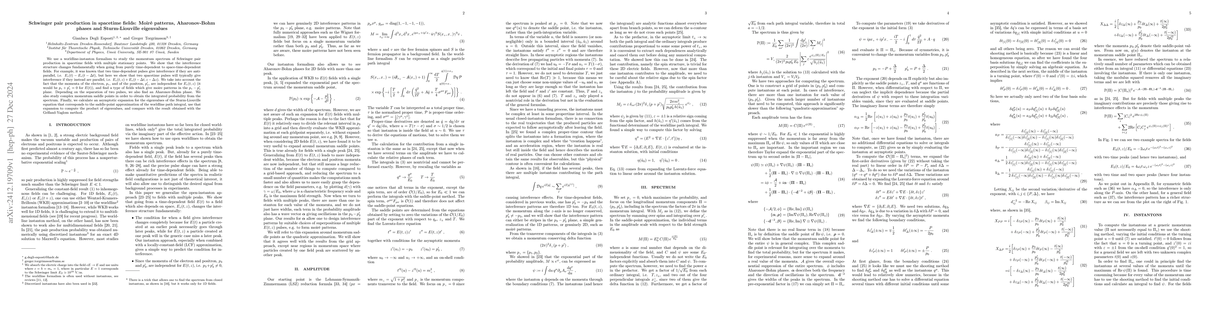 Thumbnail for Schwinger pair production in spacetime fields: Moiré patterns,
  Aharonov-Bohm phases and Sturm-Liouville eigenvalues