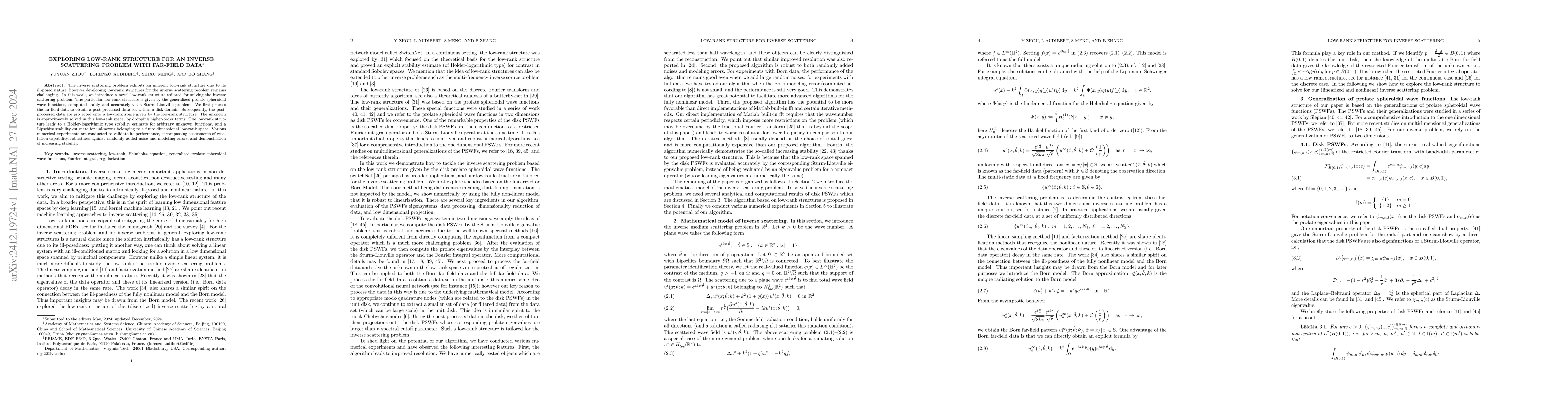 Thumbnail for Exploring low-rank structure for an inverse scattering problem with
  far-field data