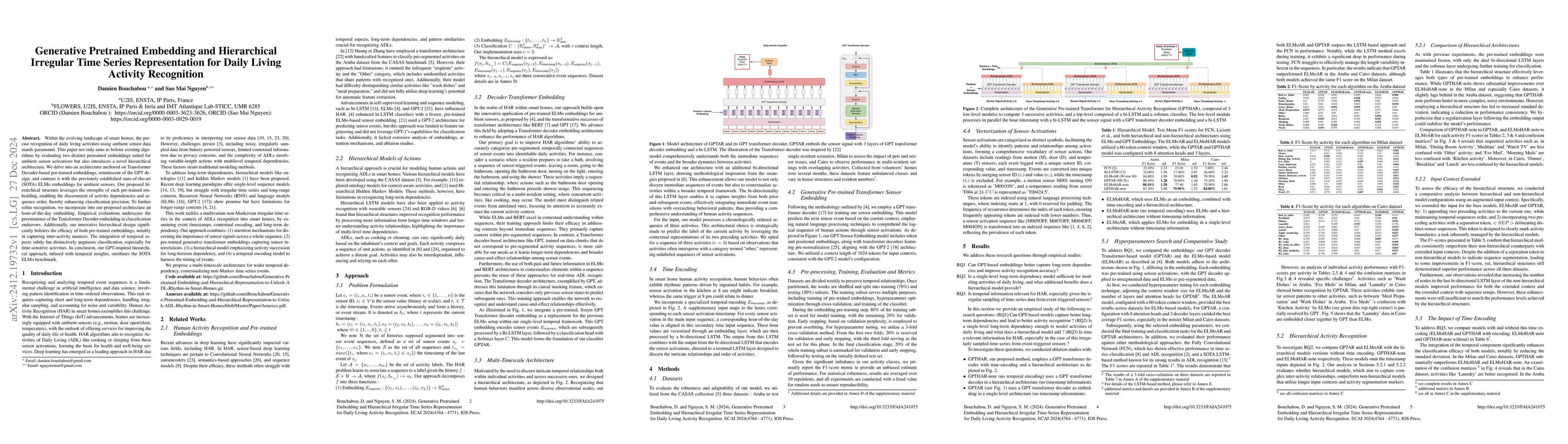 Thumbnail for Generative Pretrained Embedding and Hierarchical Irregular Time Series
  Representation for Daily Living Activity Recognition