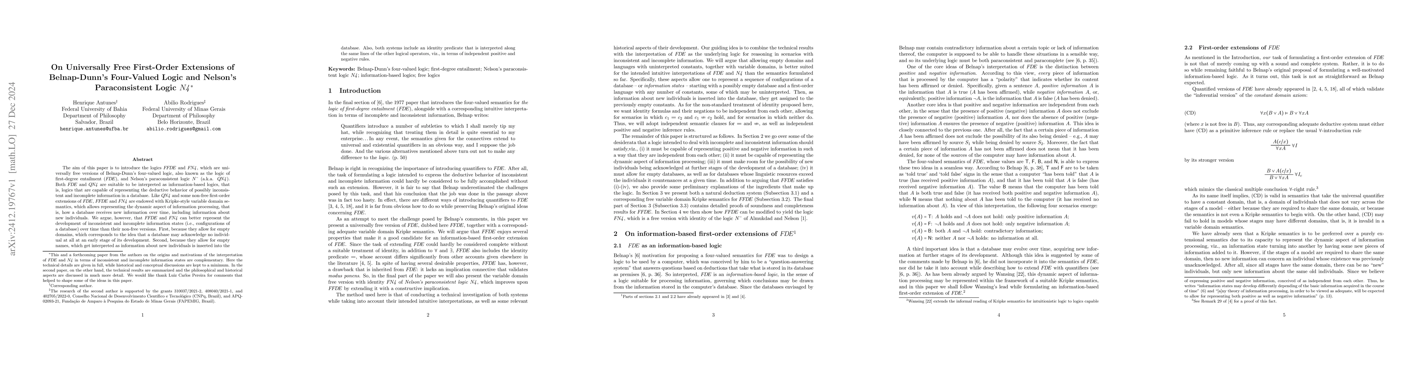 Thumbnail for On Universally Free First-Order Extensions of Belnap-Dunn's Four-Valued
  Logic and Nelson's Paraconsistent Logic N4