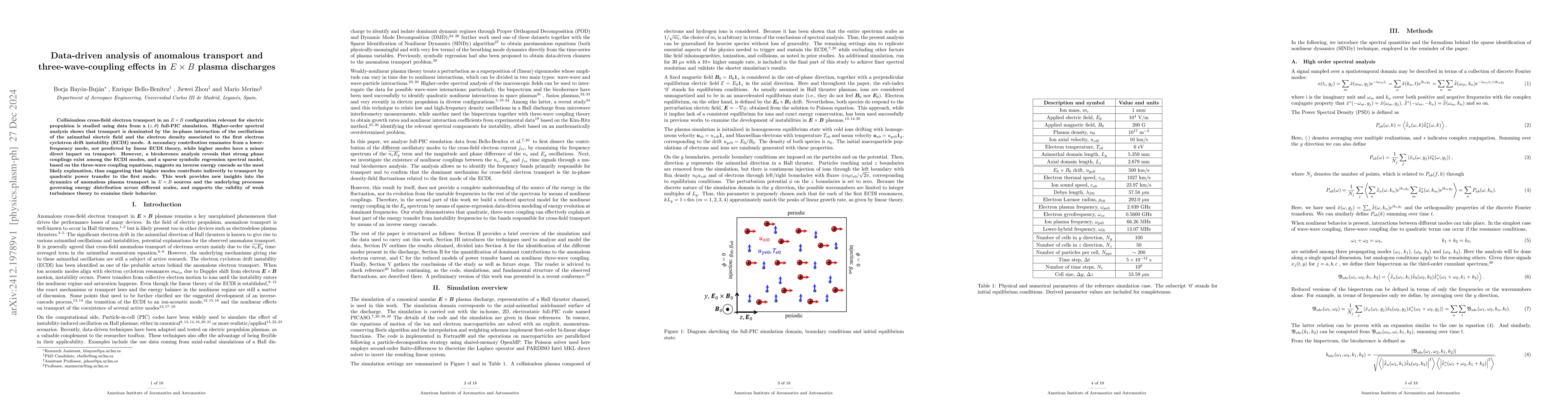 Thumbnail for Data-driven analysis of anomalous transport and three-wave-coupling
  effects in E x B plasma discharges