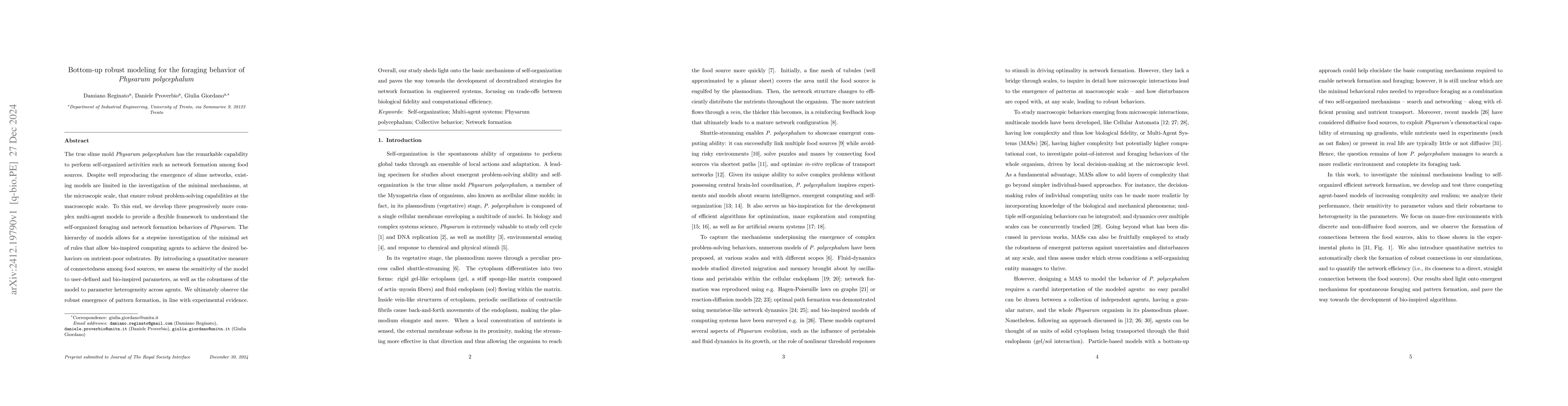 Thumbnail for Bottom-up robust modeling for the foraging behavior of Physarum
  polycephalum