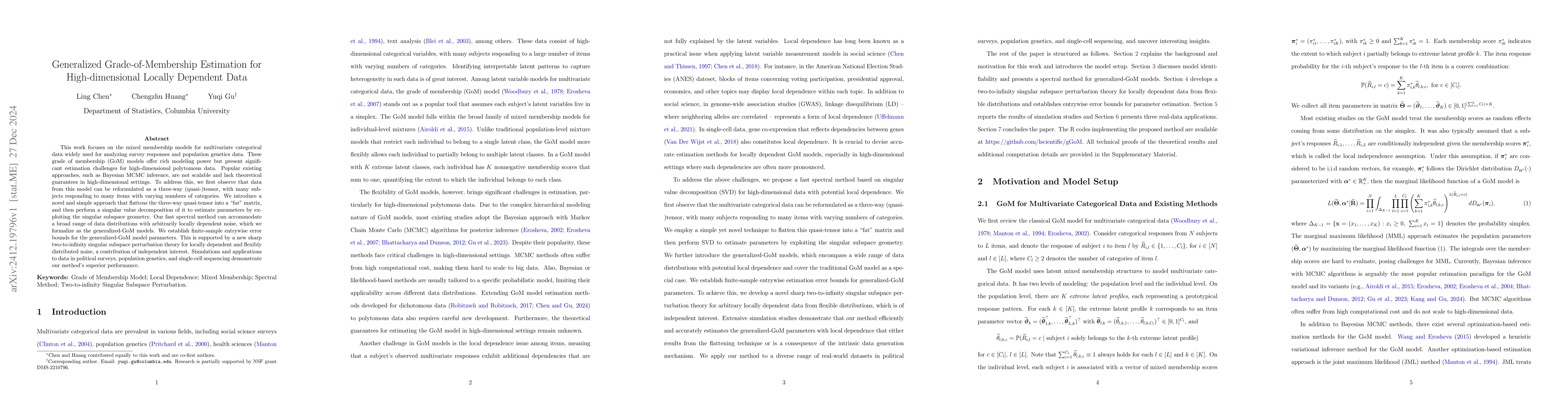 Thumbnail for Generalized Grade-of-Membership Estimation for High-dimensional Locally
  Dependent Data