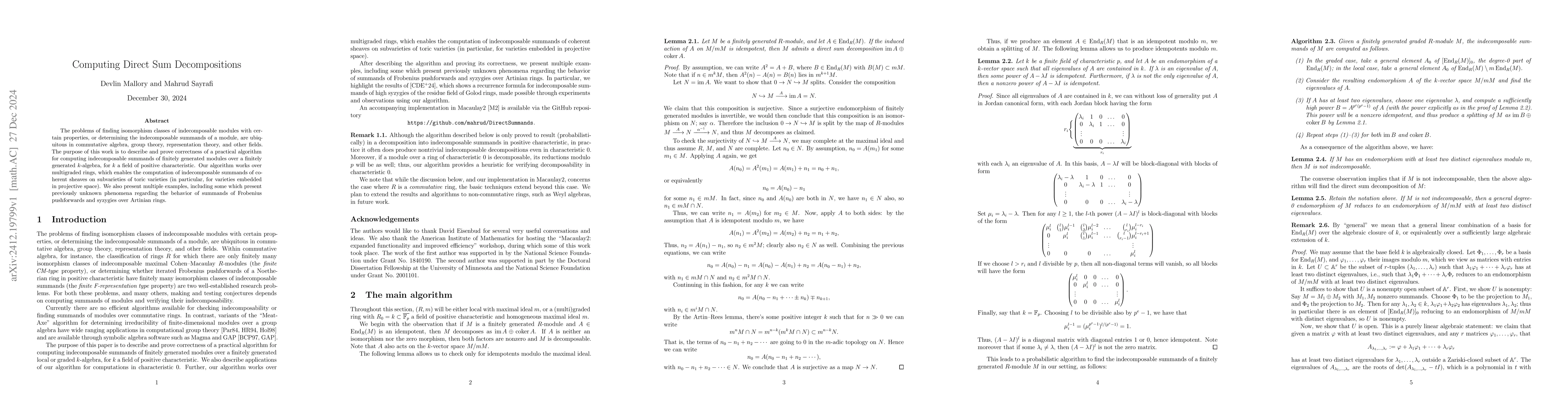 Thumbnail for Computing Direct Sum Decompositions