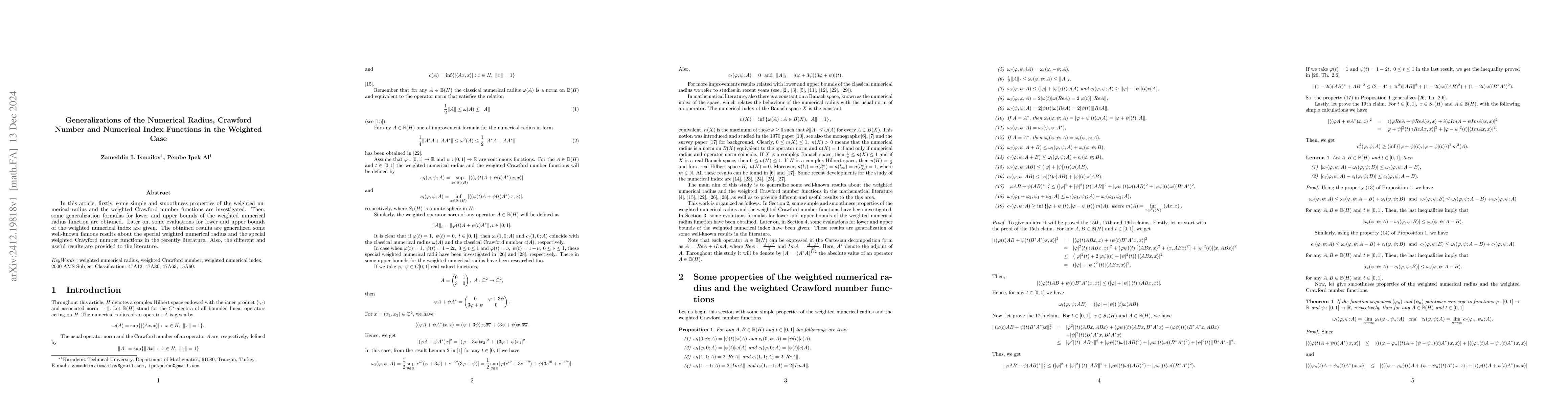 Thumbnail for Generalizations of the Numerical Radius, Crawford Number and Numerical
  Index Functions in the Weighted Case