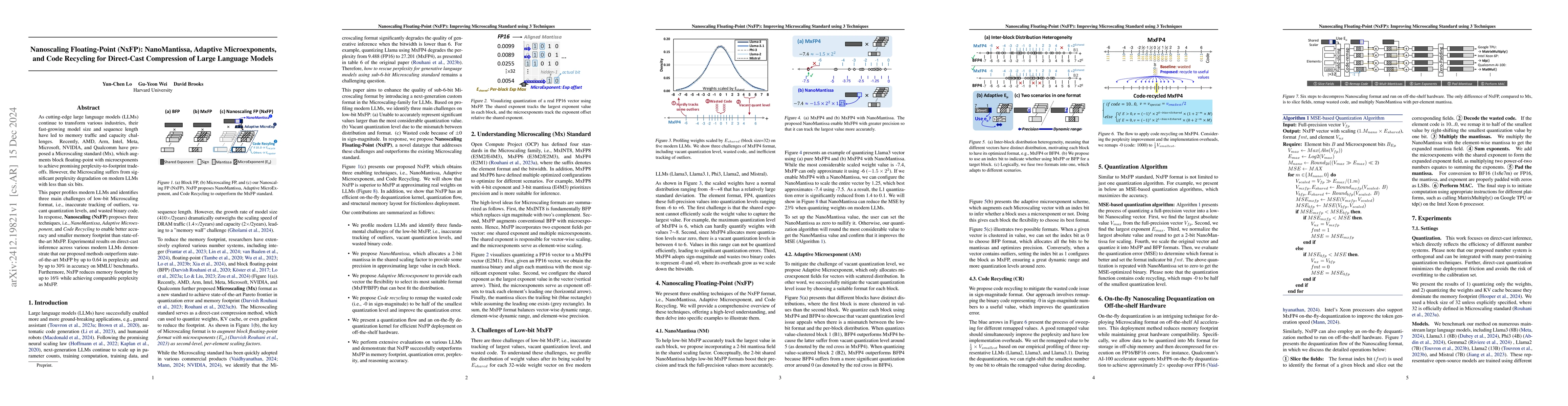 Thumbnail for Nanoscaling Floating-Point (NxFP): NanoMantissa, Adaptive
  Microexponents, and Code Recycling for Direct-Cast Compression of Large
  Language Models