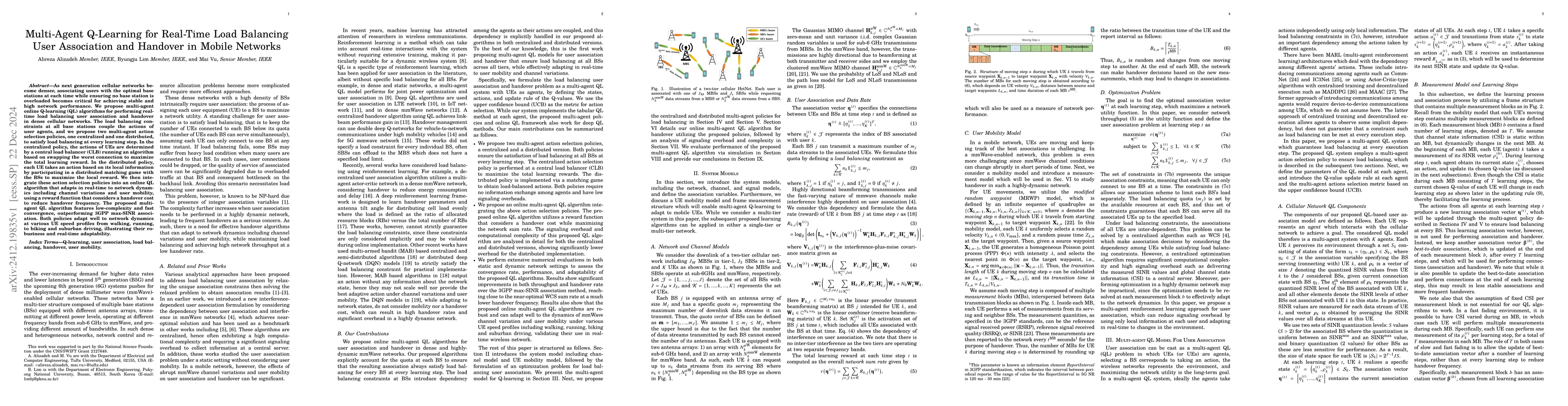 Thumbnail for Multi-Agent Q-Learning for Real-Time Load Balancing User Association and
  Handover in Mobile Networks