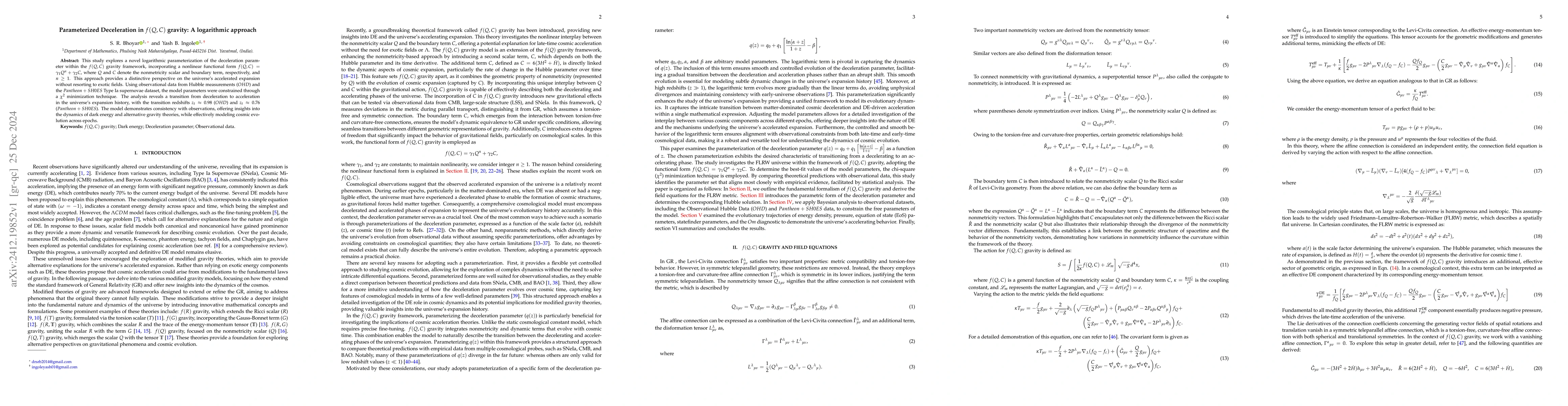 Thumbnail for Parameterized Deceleration in $f(Q,C)$ gravity: A logarithmic approach