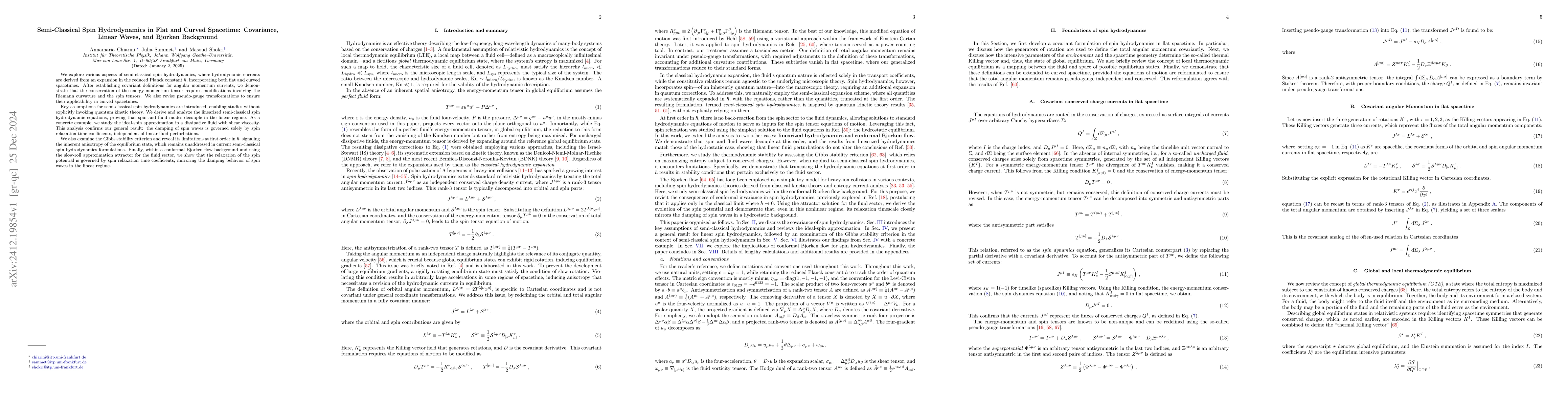 Thumbnail for Semi-Classical Spin Hydrodynamics in Flat and Curved Spacetime:
  Covariance, Linear Waves, and Bjorken Background