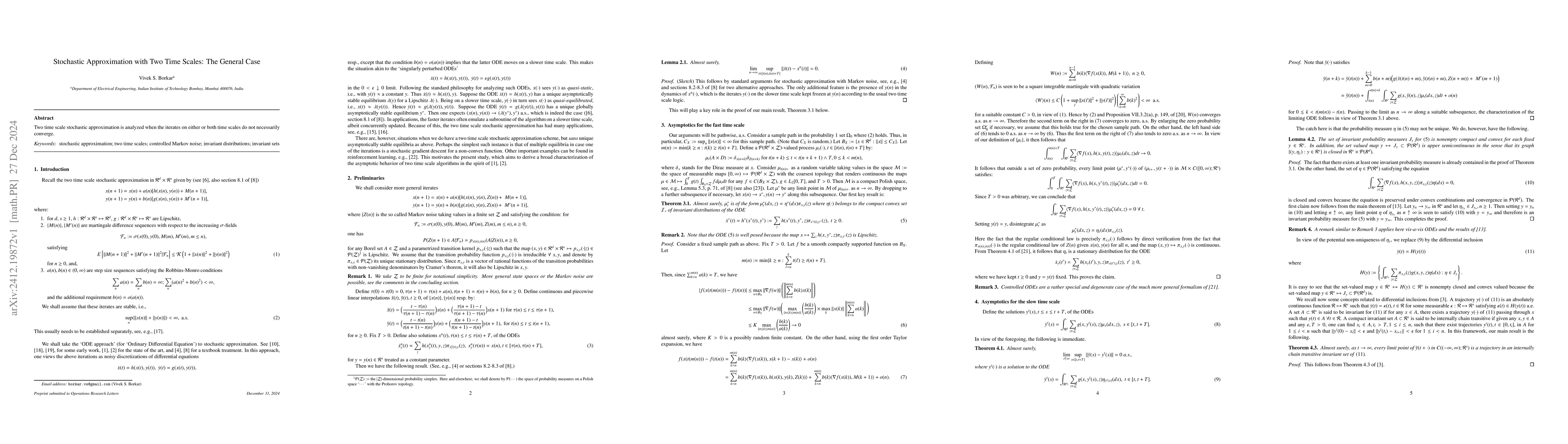 Thumbnail for Stochastic Approximation with Two Time Scales: The General Case