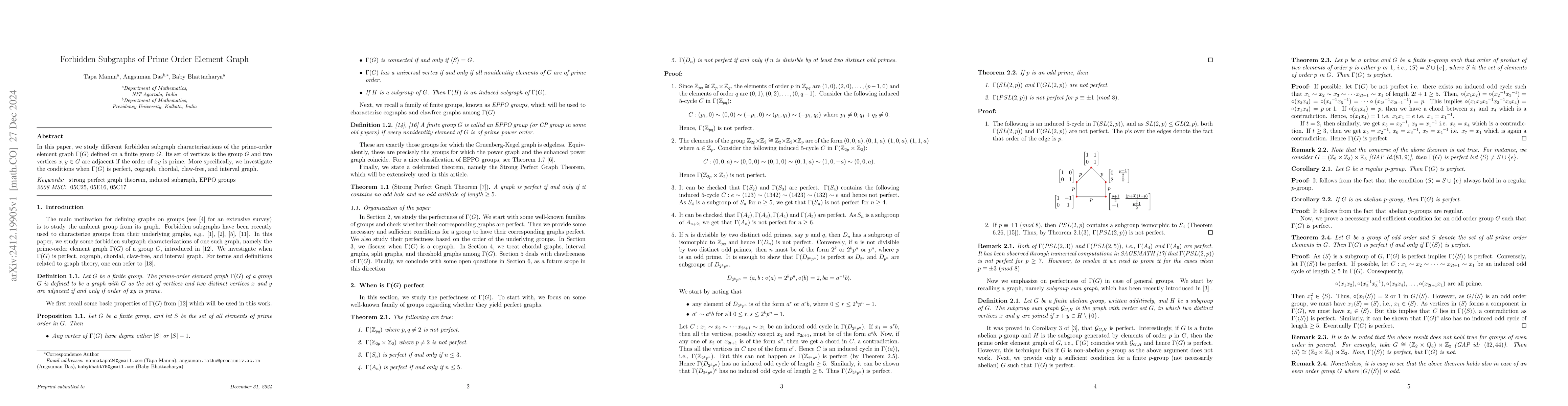 Thumbnail for Forbidden Subgraphs of Prime Order Element Graph