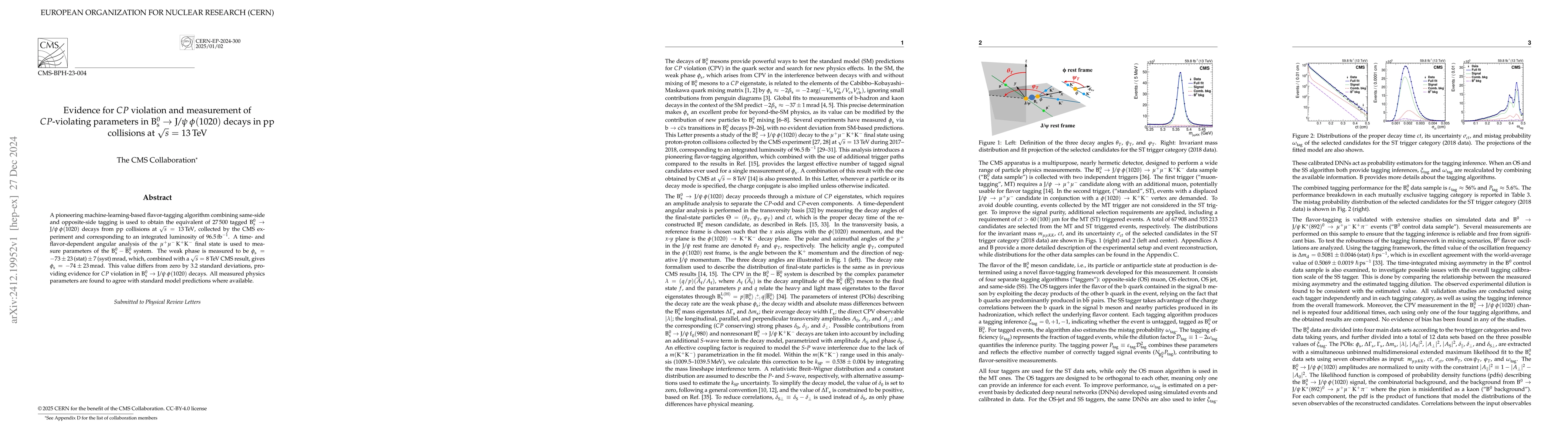 Thumbnail for Evidence for $CP$ violation and measurement of $CP$-violating parameters
  in B$^0_\mathrm{s}$ $\to$ J/$ψ\,φ$(1020) decays in pp collisions at
  $\sqrt{s} =$ 13 TeV