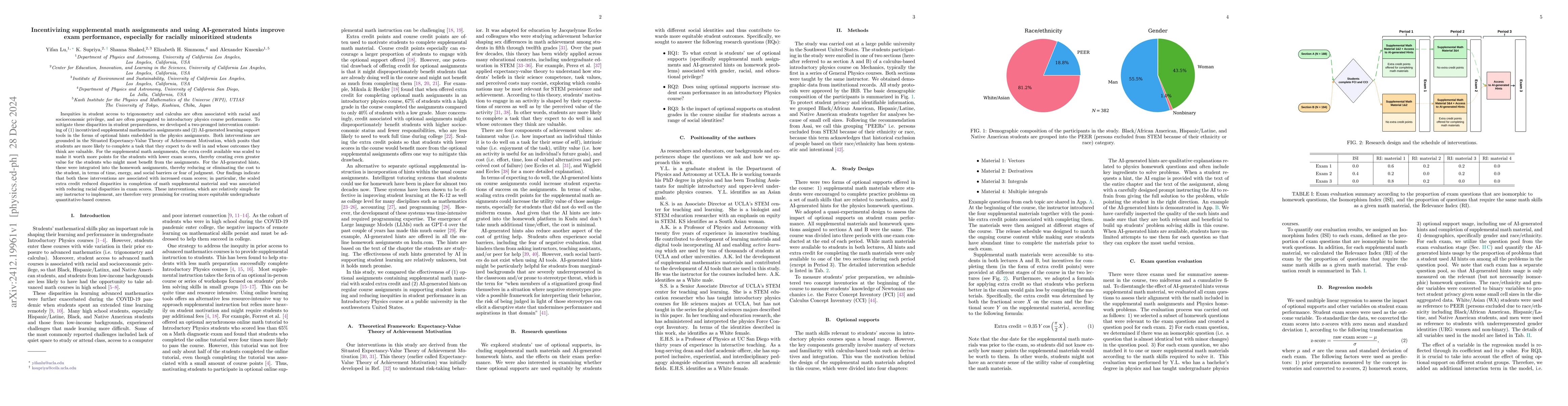 Thumbnail for Incentivizing supplemental math assignments and using AI-generated hints
  improve exam performance, especially for racially minoritized students