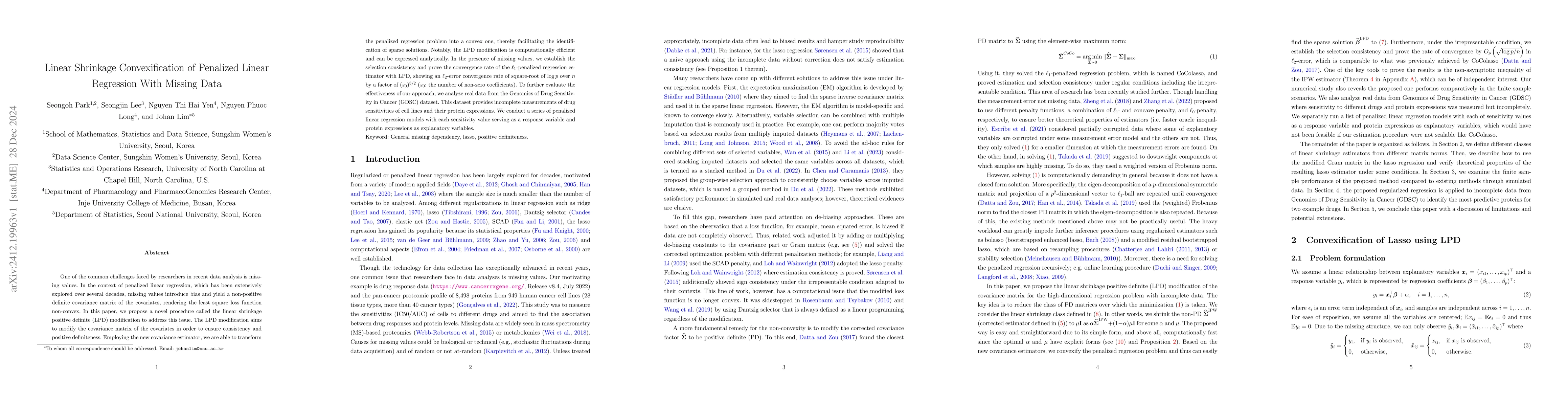 Thumbnail for Linear Shrinkage Convexification of Penalized Linear Regression With
  Missing Data