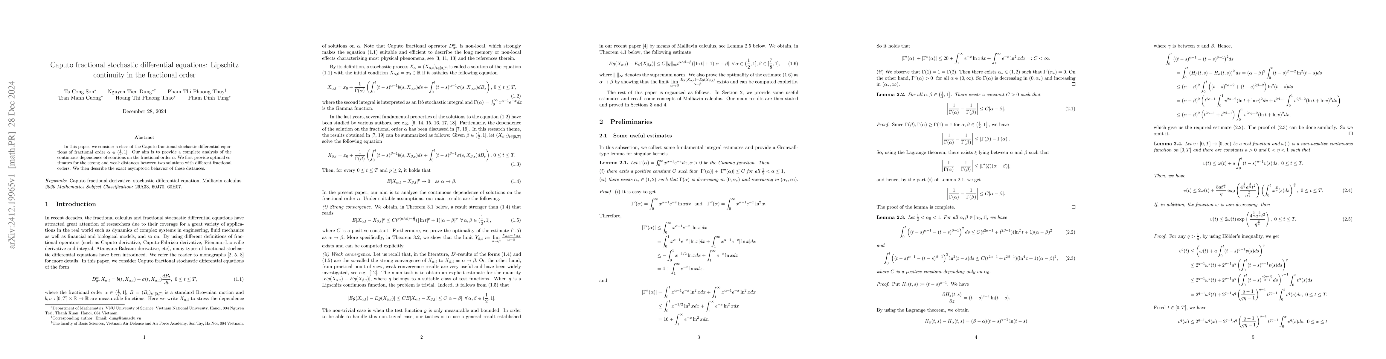 Thumbnail for Caputo fractional stochastic differential equations: Lipschitz
  continuity in the fractional order