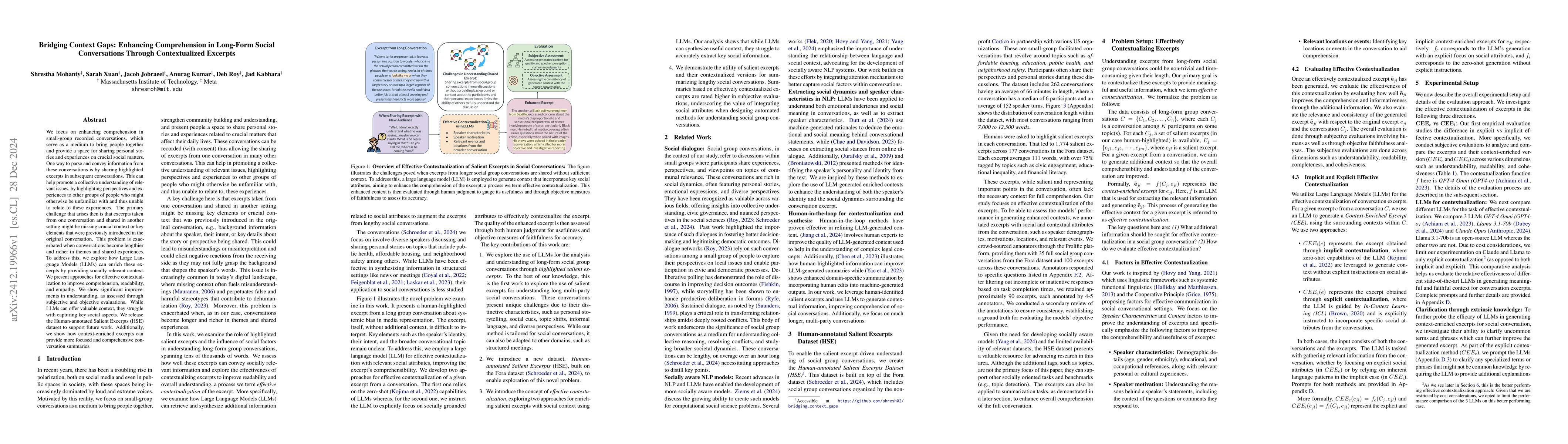 Thumbnail for Bridging Context Gaps: Enhancing Comprehension in Long-Form Social
  Conversations Through Contextualized Excerpts