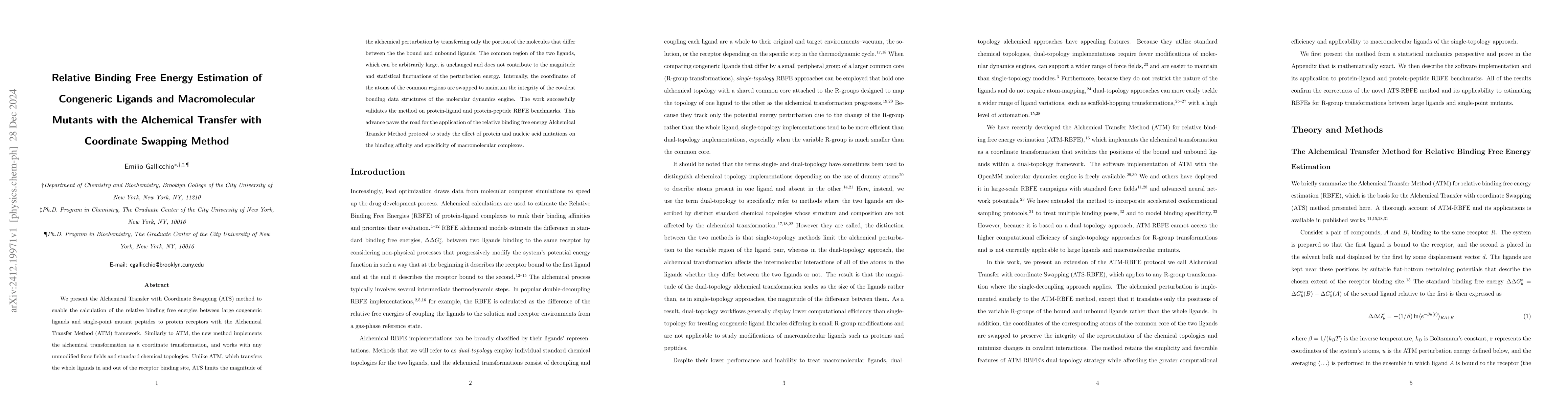 Thumbnail for Relative Binding Free Energy Estimation of Congeneric Ligands and
  Macromolecular Mutants with the Alchemical Transfer with Coordinate Swapping
  Method