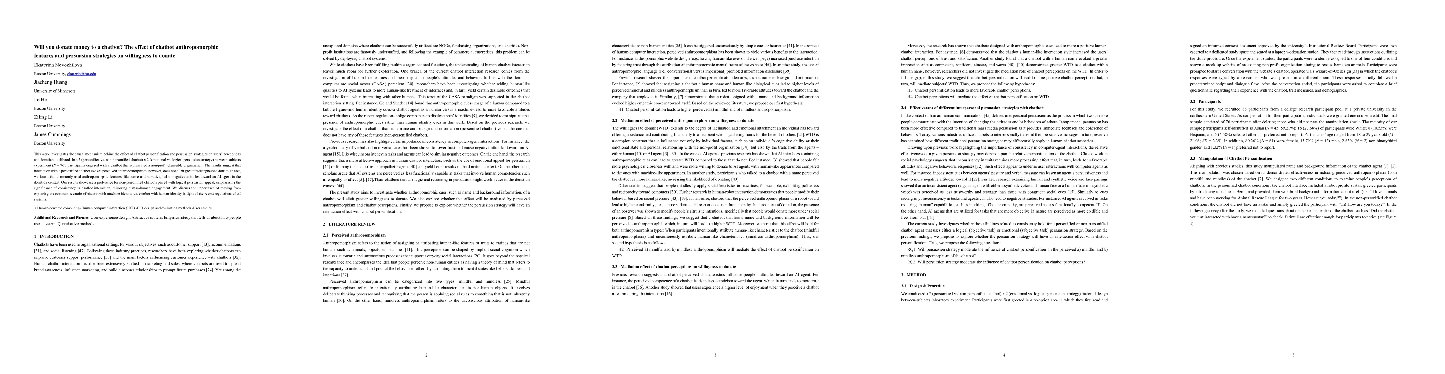 Thumbnail for Will you donate money to a chatbot? The effect of chatbot
  anthropomorphic features and persuasion strategies on willingness to donate