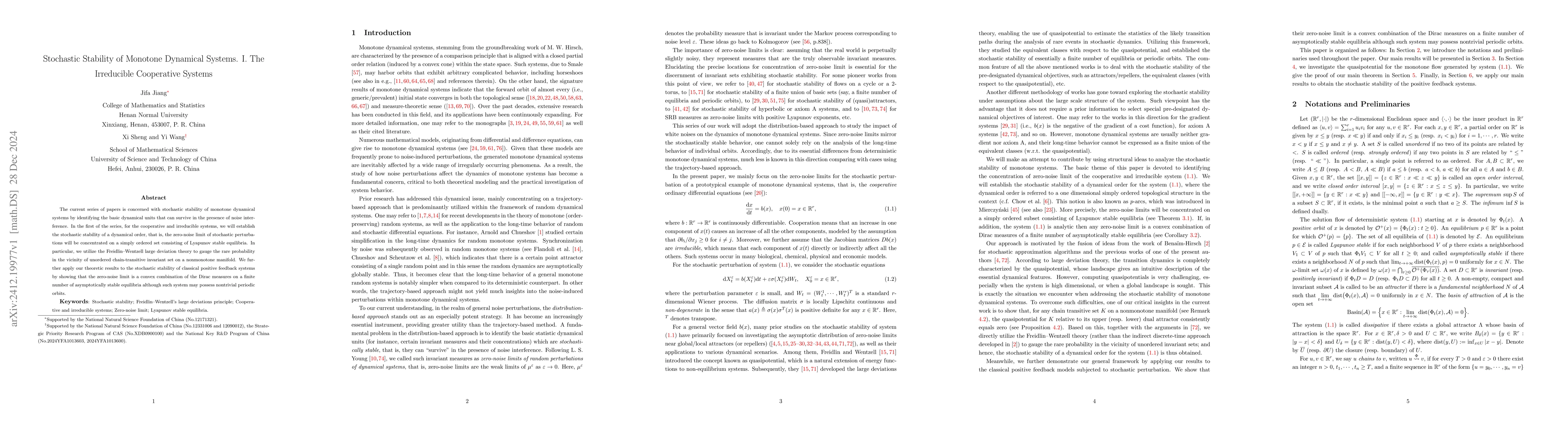 Thumbnail for Stochastic Stability of Monotone Dynamical Systems. I. The Irreducible
  Cooperative Systems