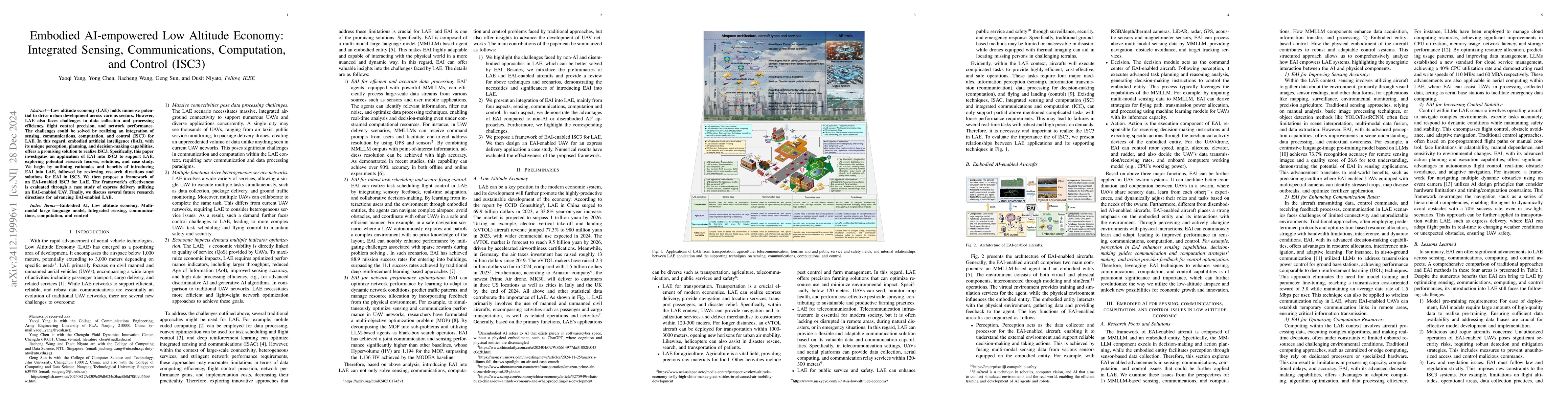 Thumbnail for Embodied AI-empowered Low Altitude Economy: Integrated Sensing,
  Communications, Computation, and Control (ISC3)