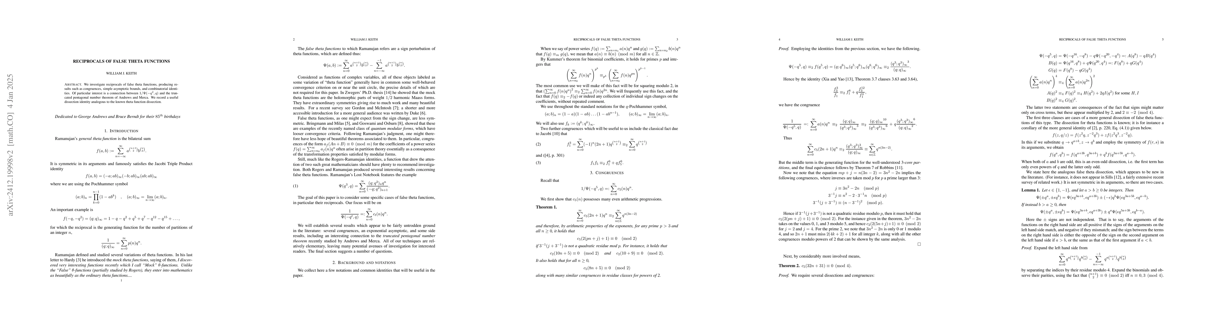 Thumbnail for Reciprocals of false theta functions
