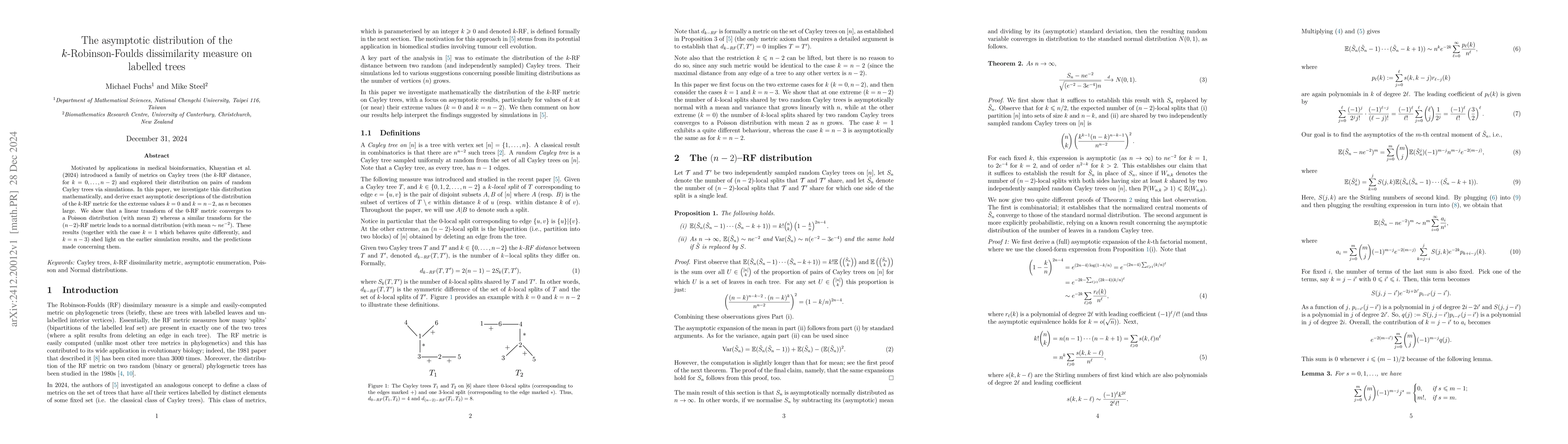 Thumbnail for The asymptotic distribution of the $k$-Robinson-Foulds dissimilarity
  measure on labelled trees