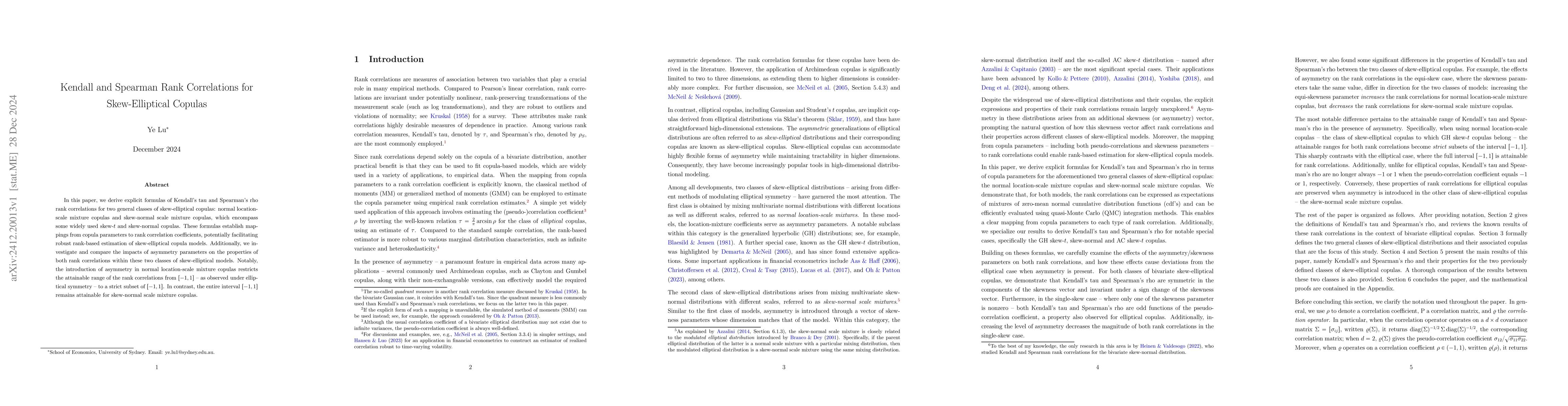 Thumbnail for Kendall and Spearman Rank Correlations for Skew-Elliptical Copulas