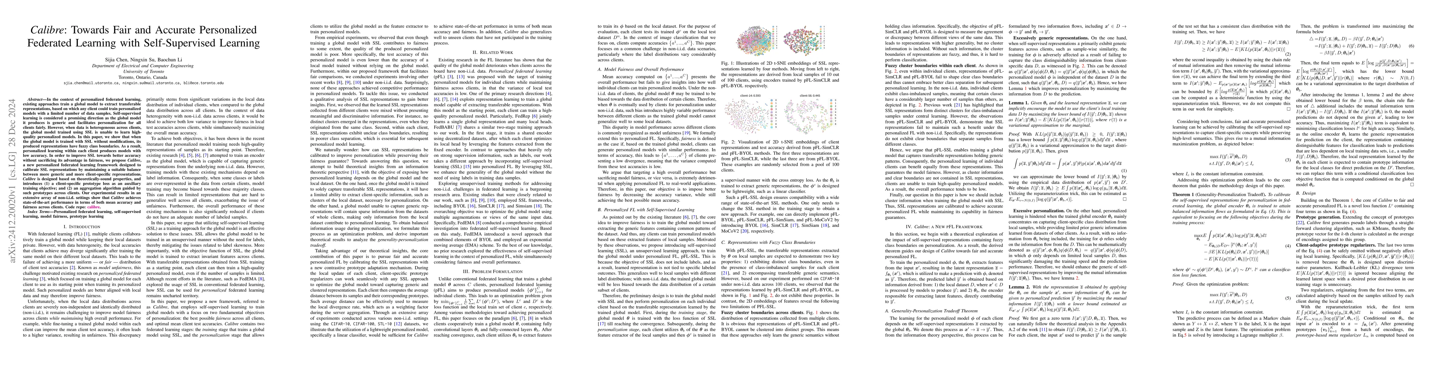 Thumbnail for Calibre: Towards Fair and Accurate Personalized Federated Learning with
  Self-Supervised Learning