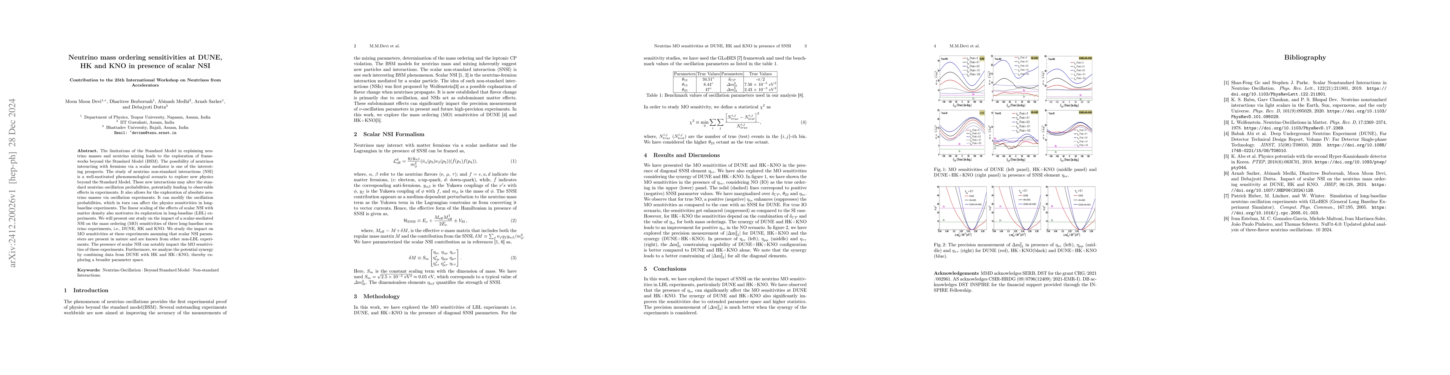 Thumbnail for Neutrino mass ordering sensitivities at DUNE, HK and KNO in presence of
  scalar NSI