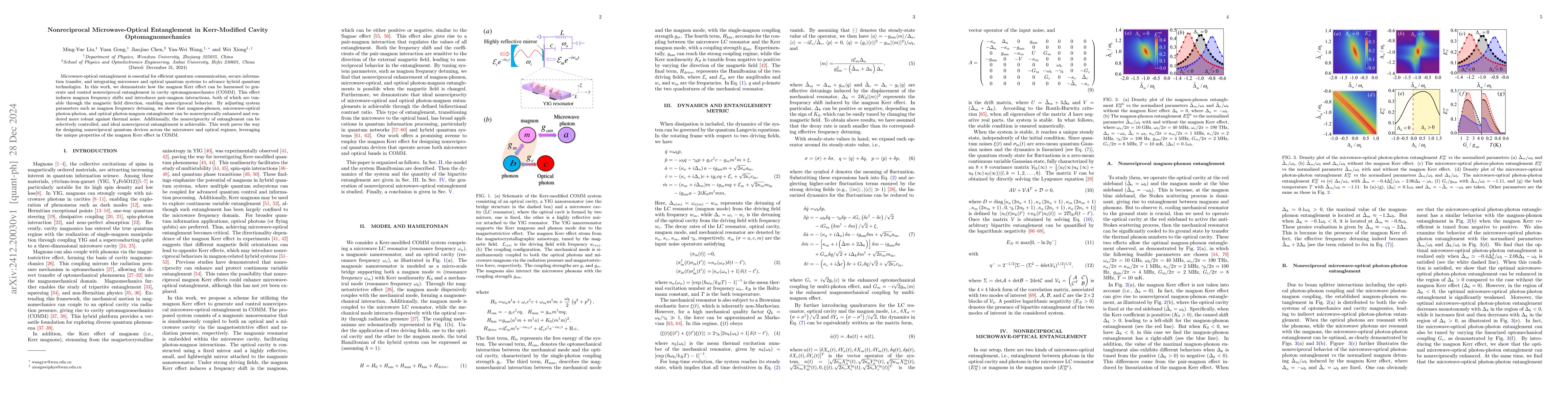 Thumbnail for Nonreciprocal Microwave-Optical Entanglement in Kerr-Modified Cavity
  Optomagnomechanics
