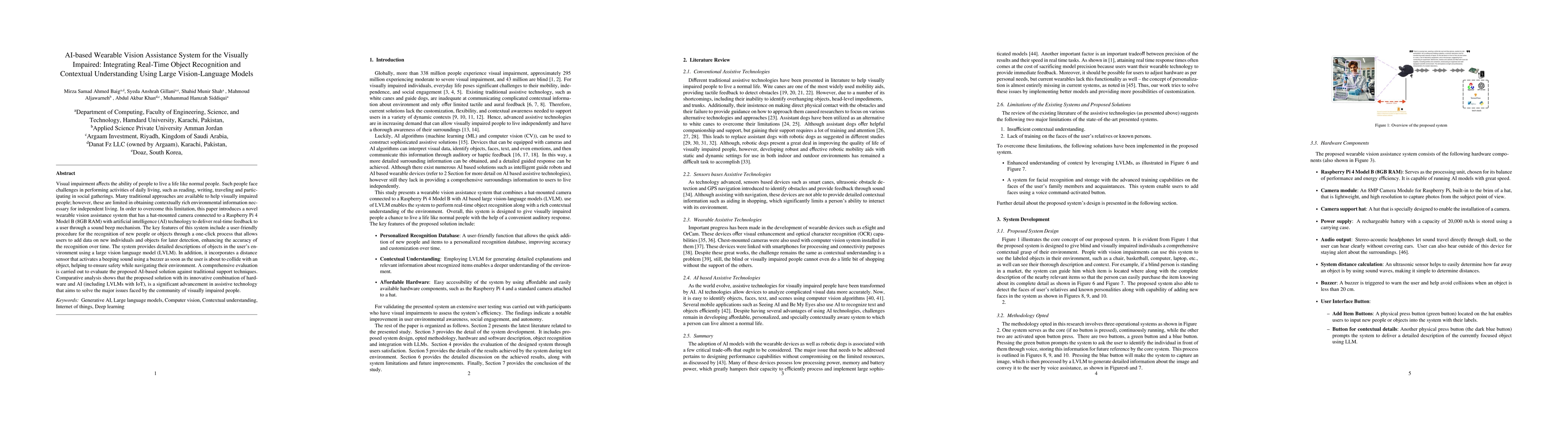 Thumbnail for AI-based Wearable Vision Assistance System for the Visually Impaired:
  Integrating Real-Time Object Recognition and Contextual Understanding Using
  Large Vision-Language Models