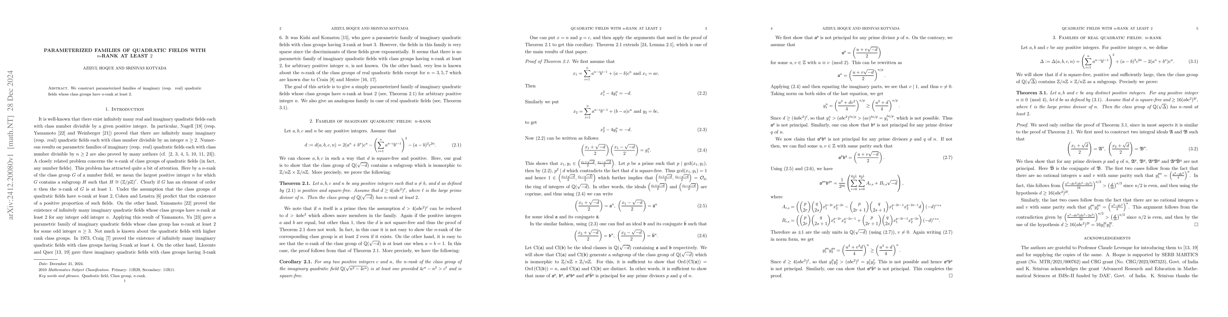 Thumbnail for Parameterized families of quadratic fields with $n$-rank at least 2
