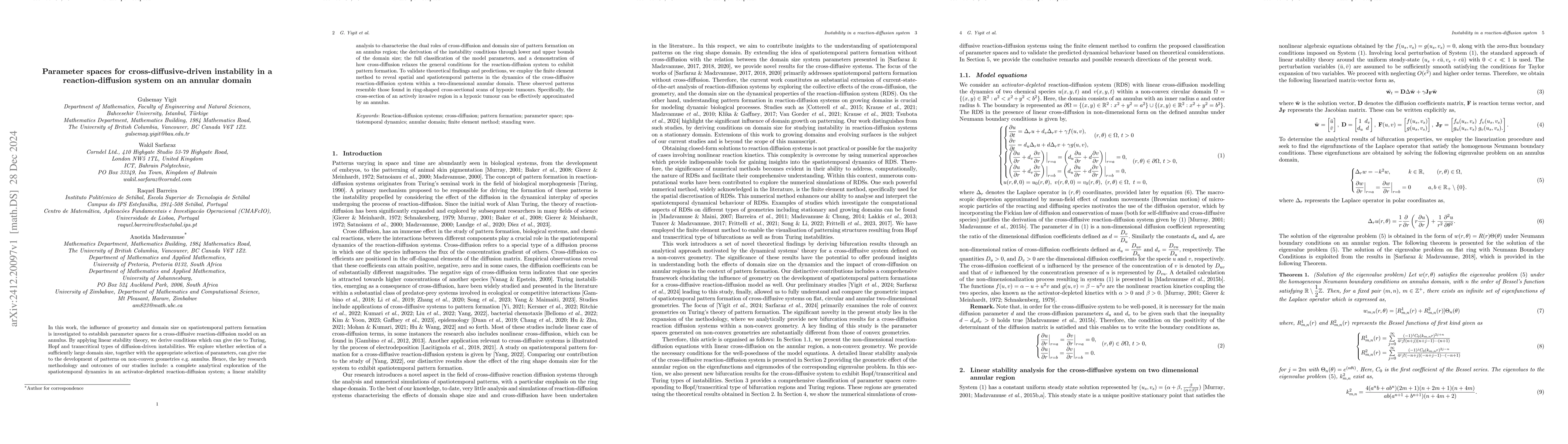 Thumbnail for Parameter spaces for cross-diffusive-driven instability in a
  reaction-diffusion system on an annular domain