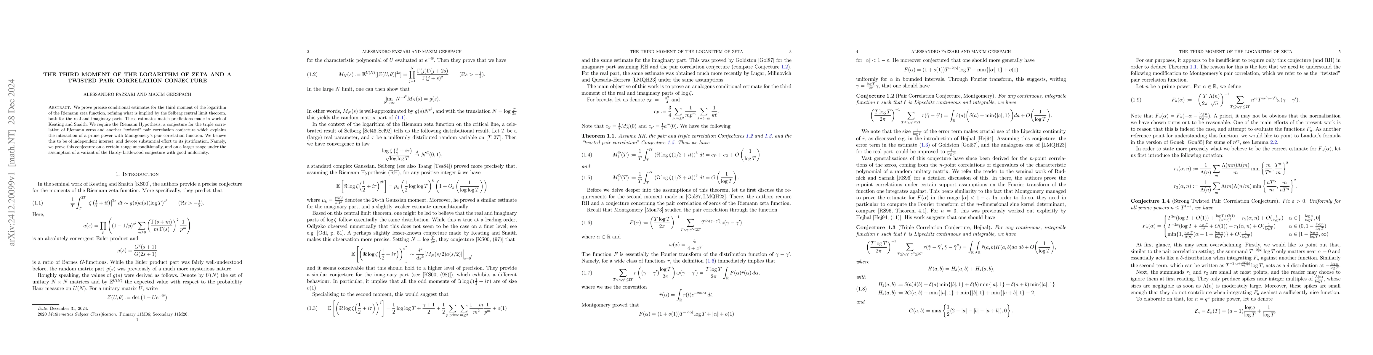 Thumbnail for The third moment of the logarithm of zeta and a twisted pair correlation
  conjecture