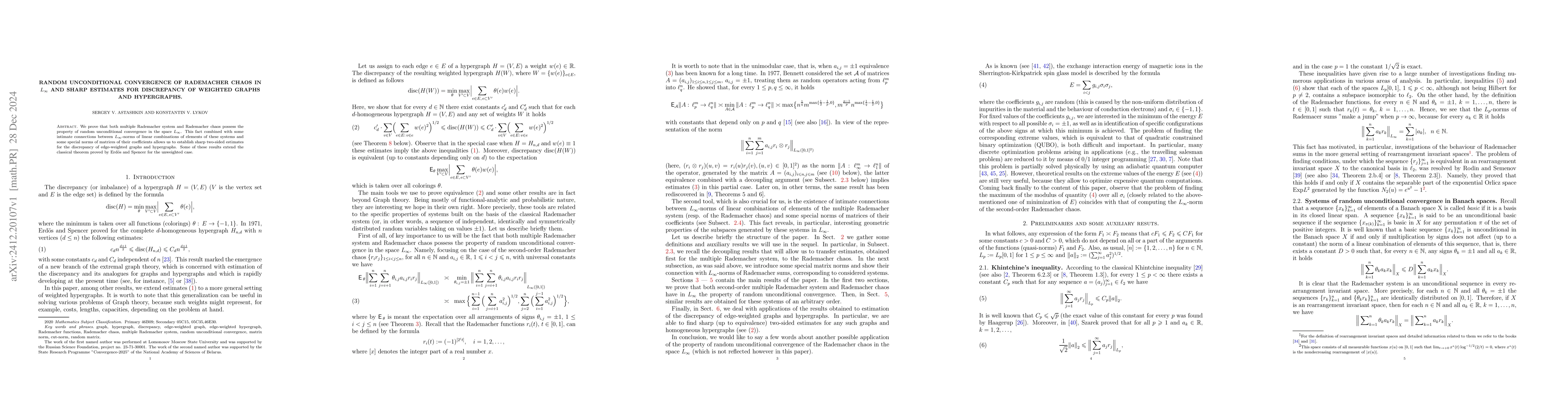 Thumbnail for Random unconditional convergence of Rademacher chaos in $L_\infty$ and
  sharp estimates for discrepancy of weighted graphs and hypergraphs