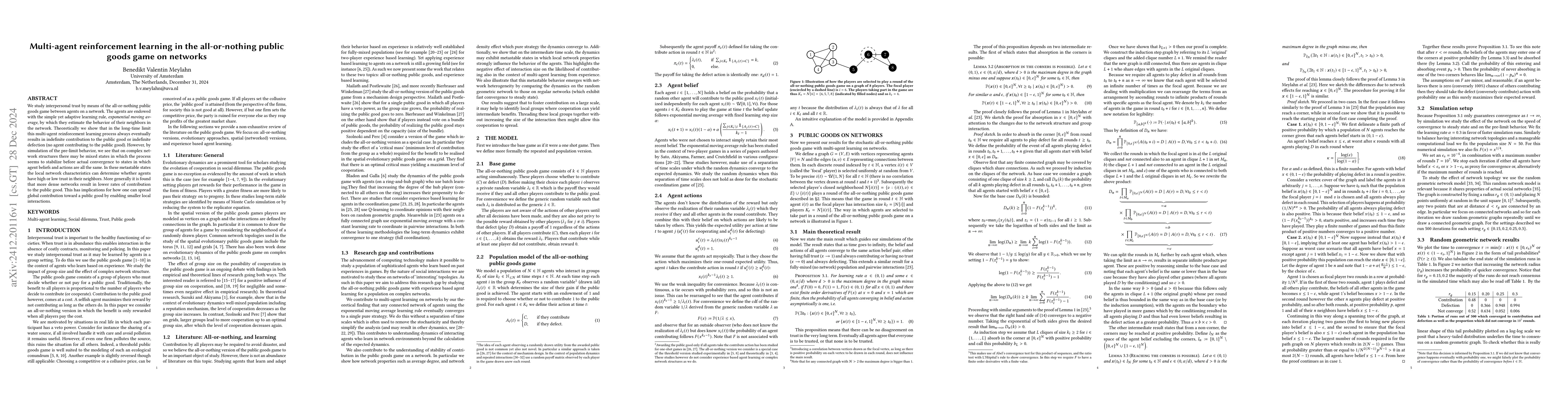 Thumbnail for Multi-agent reinforcement learning in the all-or-nothing public goods
  game on networks