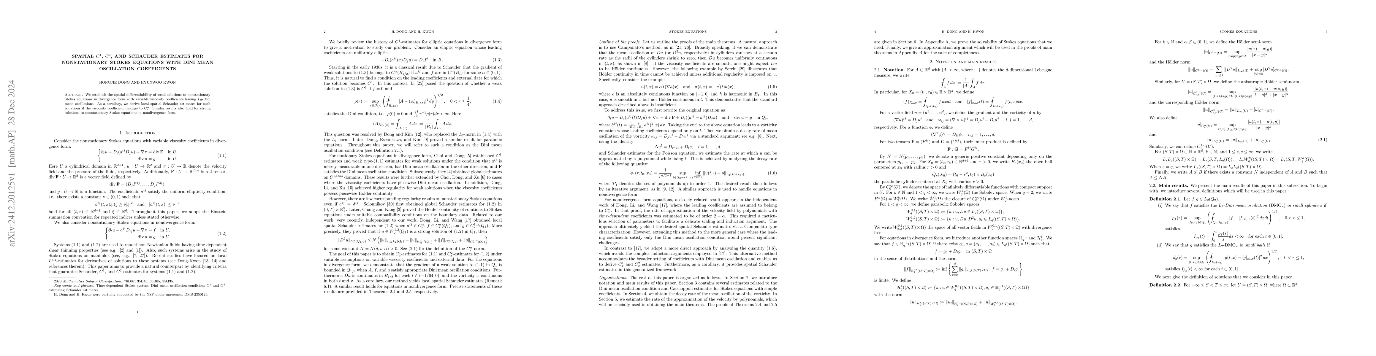 Thumbnail for Spatial $C^1$, $C^2$, and Schauder estimates for nonstationary Stokes
  equations with Dini mean oscillation coefficients
