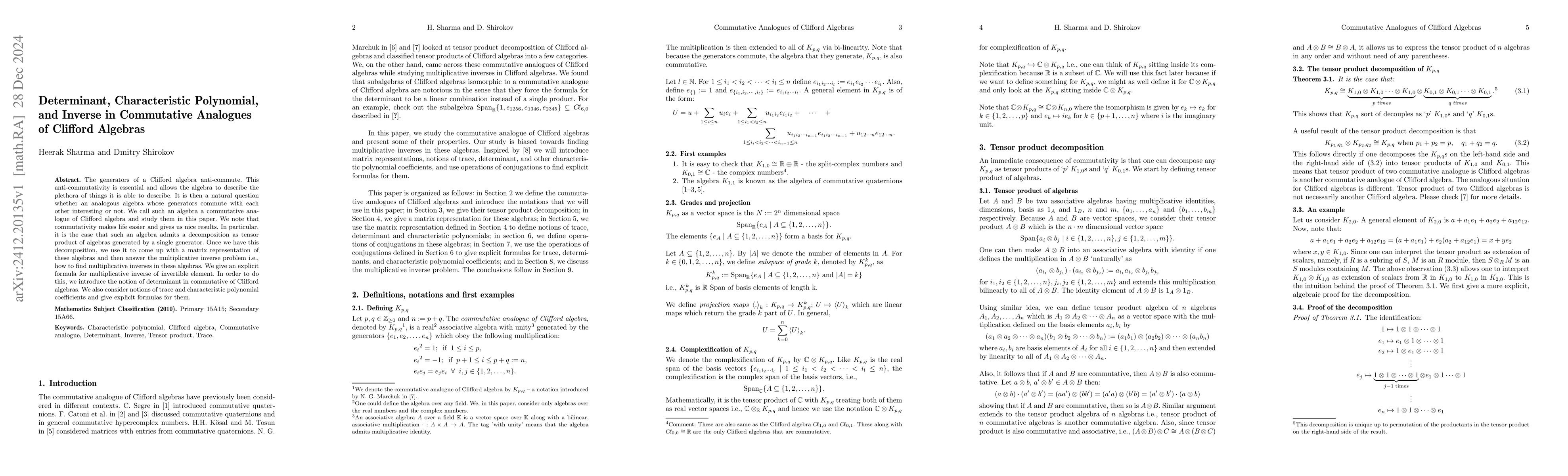 Thumbnail for Determinant, Characteristic Polynomial, and Inverse in Commutative
  Analogues of Clifford Algebras