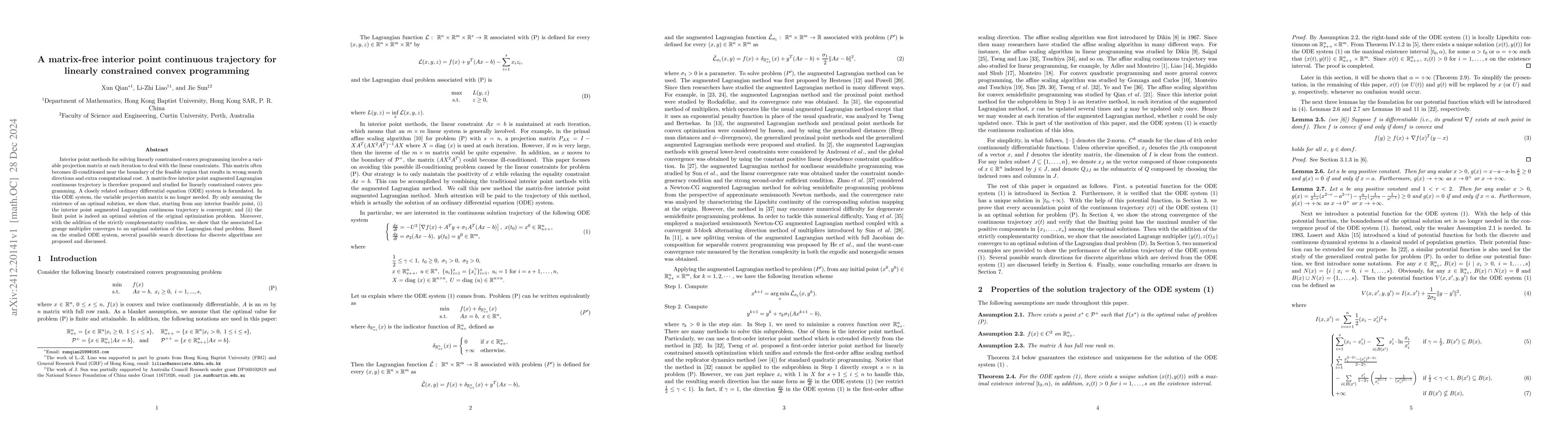 Thumbnail for A matrix-free interior point continuous trajectory for linearly
  constrained convex programming