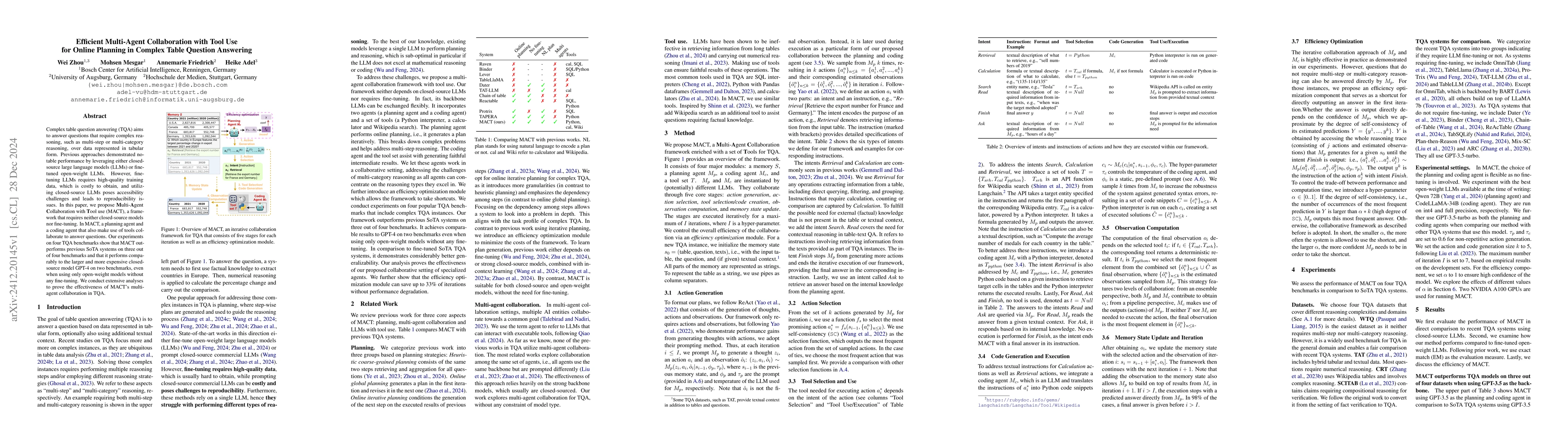 Thumbnail for Efficient Multi-Agent Collaboration with Tool Use for Online Planning in
  Complex Table Question Answering