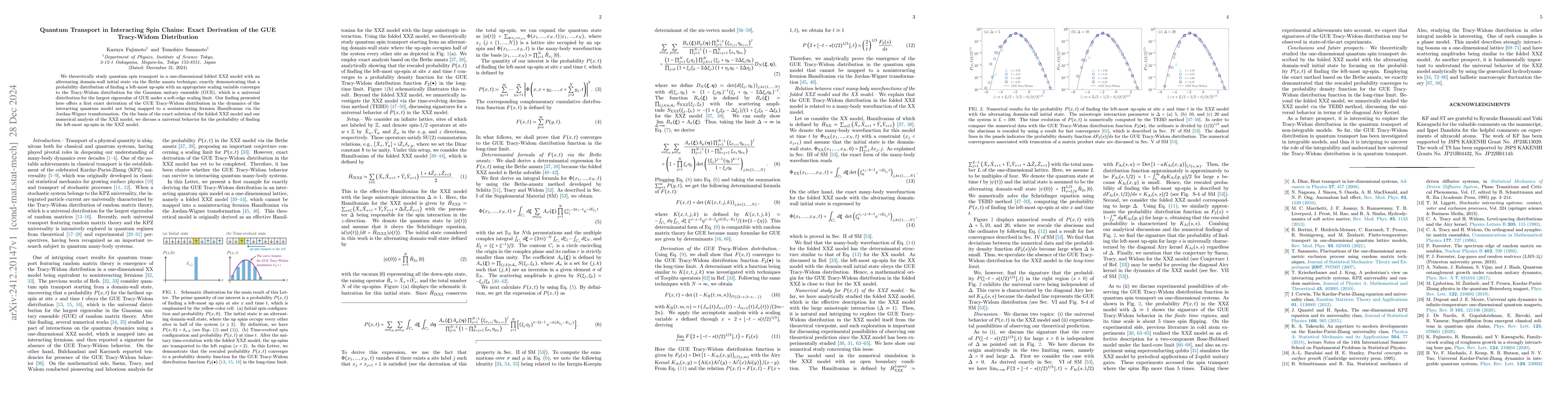Thumbnail for Quantum Transport in Interacting Spin Chains: Exact Derivation of the
  GUE Tracy-Widom Distribution
