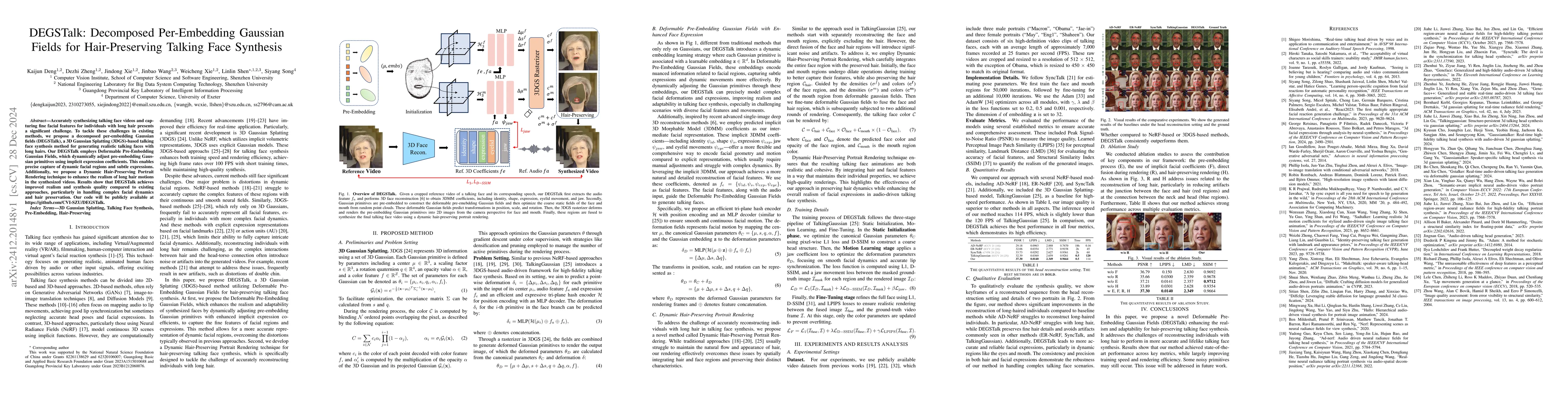 Thumbnail for DEGSTalk: Decomposed Per-Embedding Gaussian Fields for Hair-Preserving
  Talking Face Synthesis