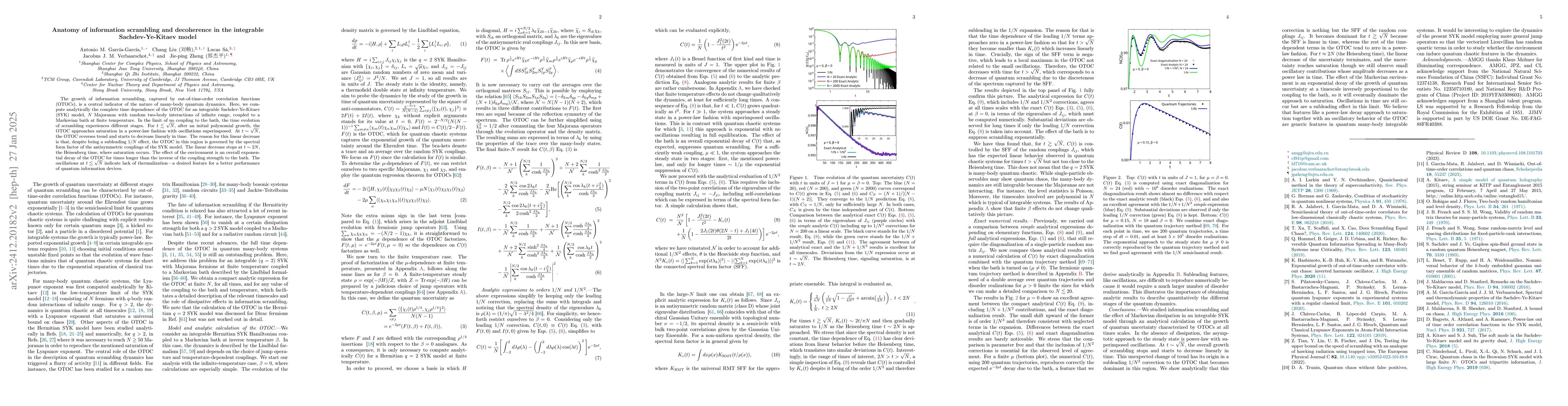 Thumbnail for Anatomy of information scrambling and decoherence in the integrable
  Sachdev-Ye-Kitaev model