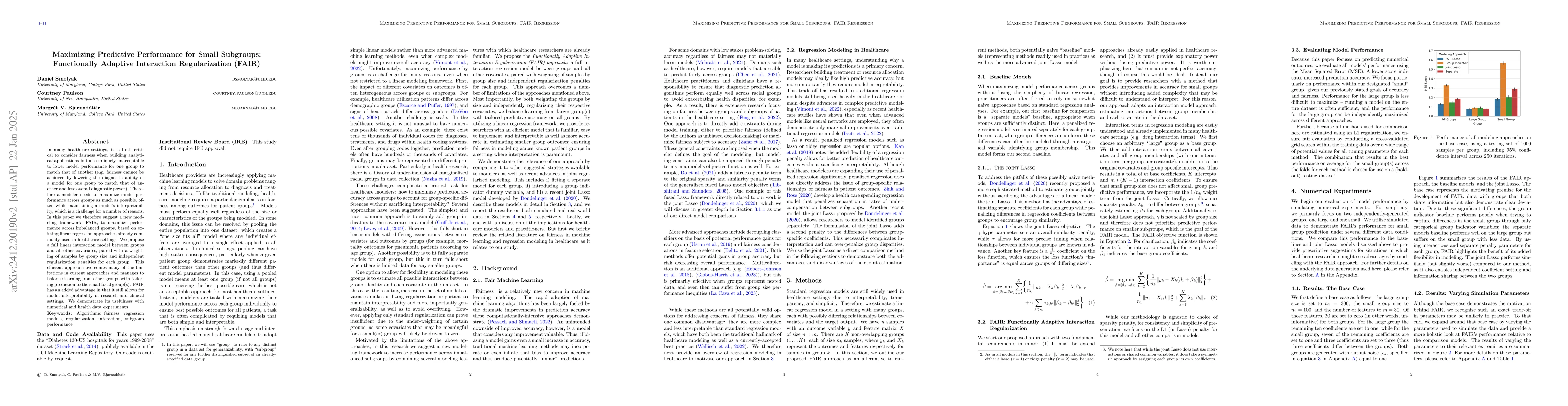 Thumbnail for Maximizing Predictive Performance for Small Subgroups: Functionally
  Adaptive Interaction Regularization (FAIR)