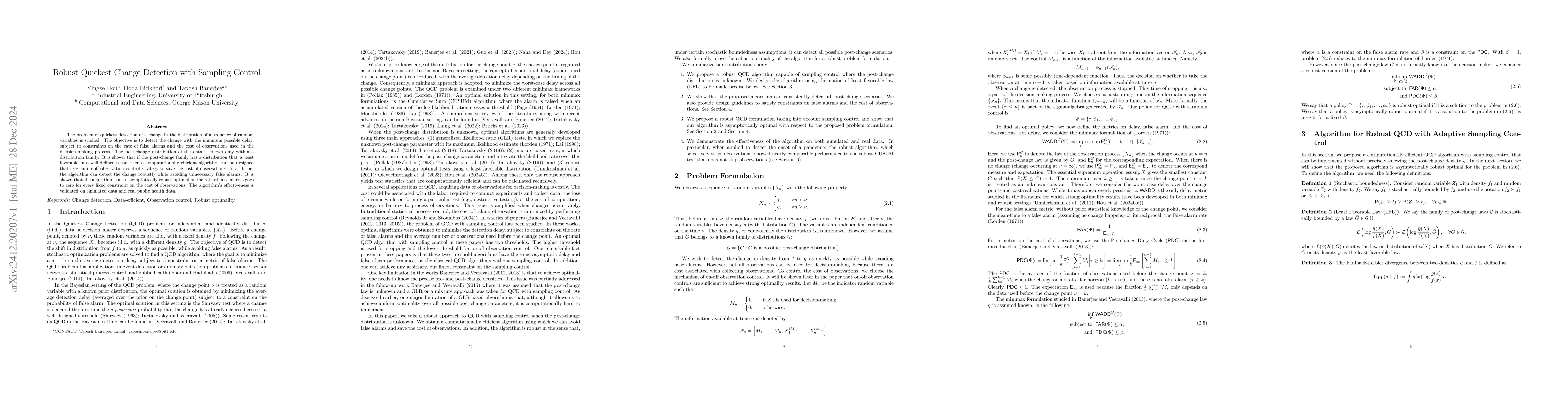 Thumbnail for Robust Quickest Change Detection with Sampling Control